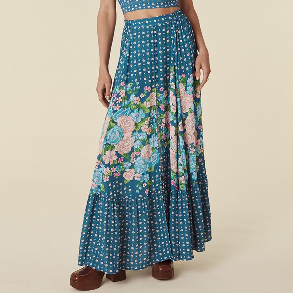 SOLD NWT Spell Womens Yellow Rose Maxi Skirt-Cornflower Front Slit Blue Small